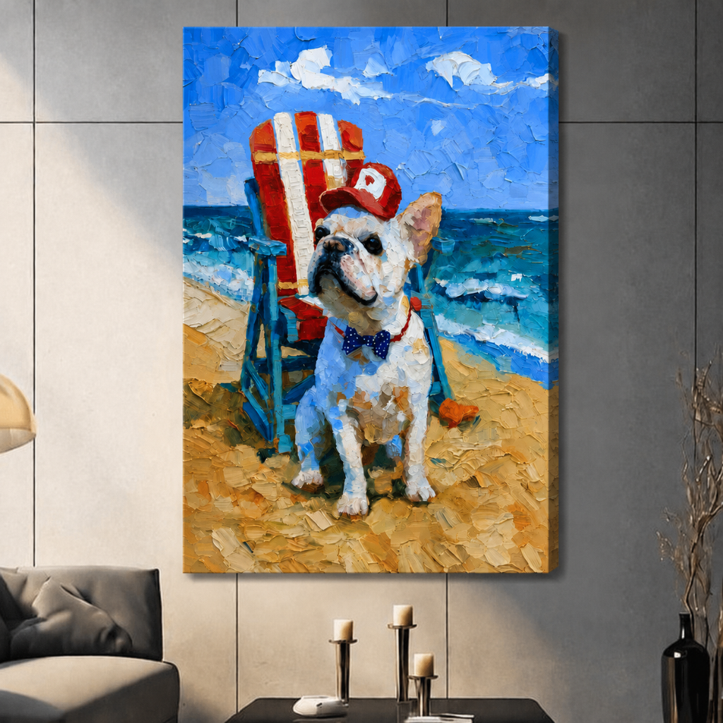 Gallery-wrapped canvas print of a charming white French Bulldog in a red baseball cap and blue bow tie seated on a sunny beach with ocean waves, impressionist oil painting style, hung in a living room