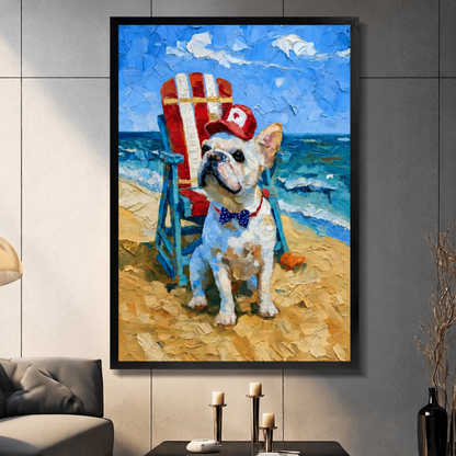Framed canvas wall art featuring a white French Bulldog wearing a red cap and polka-dot bow tie sitting on a sandy beach beside a striped deck chair, oil painting style, displayed in a modern living room