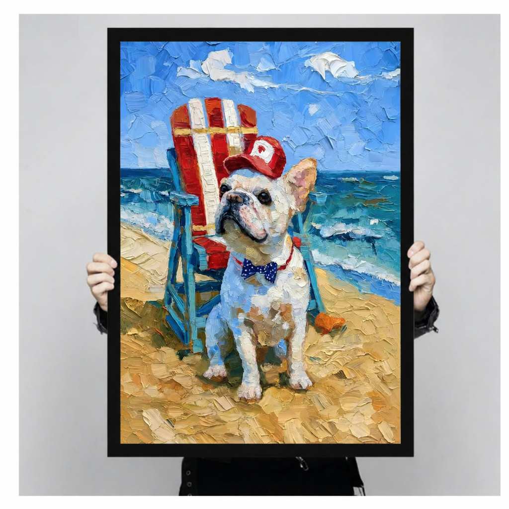 Person holding a framed canvas print showing a white French Bulldog with a red cap and bow tie on a bright sunny beach, demonstrating print size and thick black frame detail