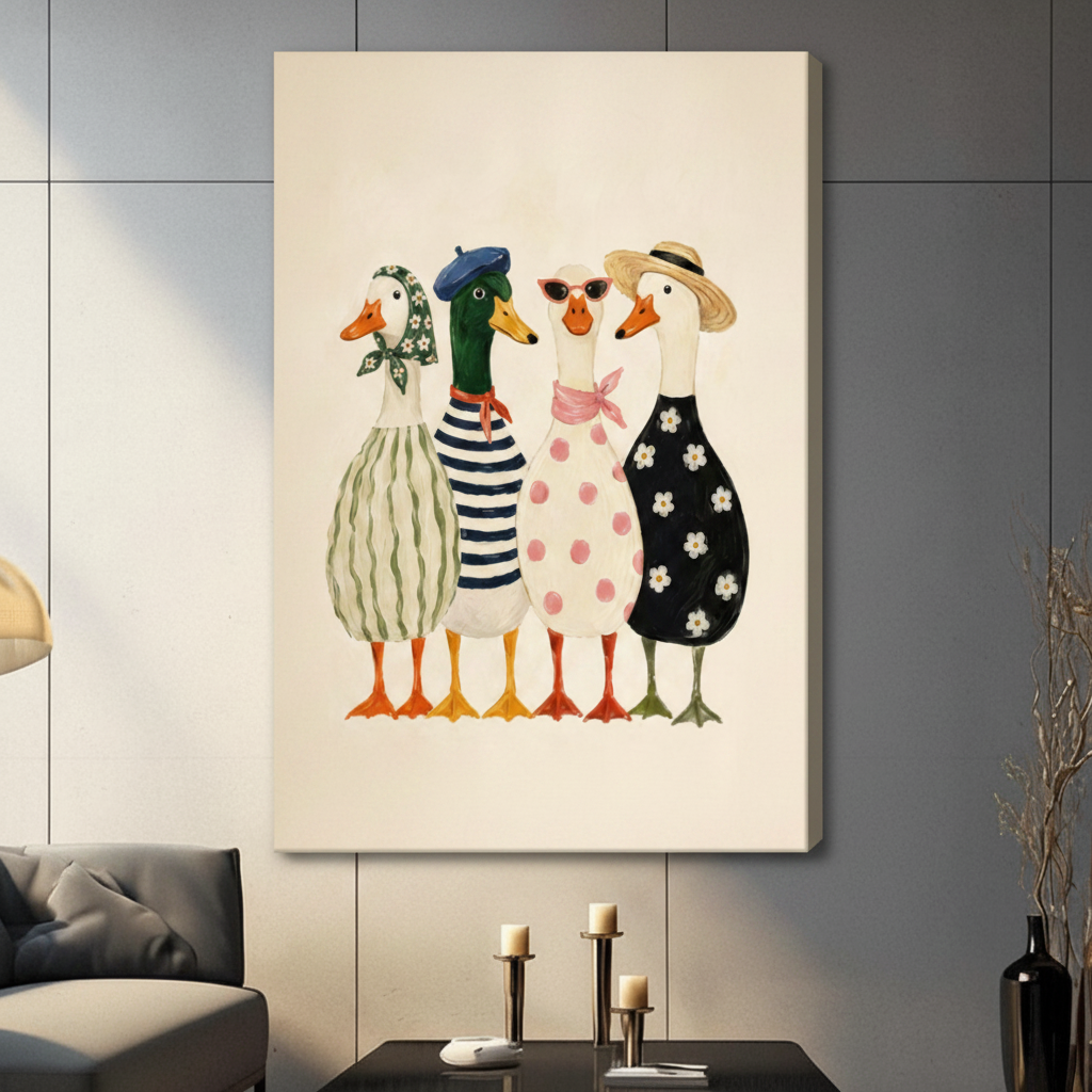 Whimsical duck squad in coordinated French fashion outfits with blue beret, straw hat, red sunglasses, pink bow, daisy print and polka dot dresses on cream background fun illustration stretched canvas wall art print hanging in a contemporary living room with dark gray tiled wall