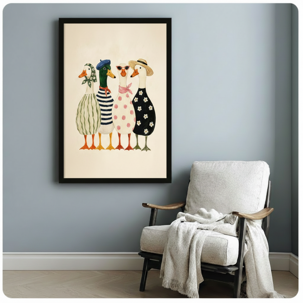 Cute group of four stylish ducks wearing beret, straw hat, floral headscarf, and red cat-eye sunglasses with striped, sailor, polka dot, and daisy patterned dresses French chic illustration framed art poster displayed beside a white fabric lounge chair with draped throw blanket against a soft blue-gray wall