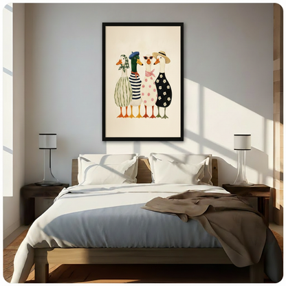 Playful French-style duck squad in striped, sailor, polka dot, and daisy outfits with beret, straw hat, red sunglasses, and pink bow accessories cute whimsical illustration framed wall art print hanging above a modern bedroom bed with white linen bedding, dark wood nightstands, and minimalist white table lamps