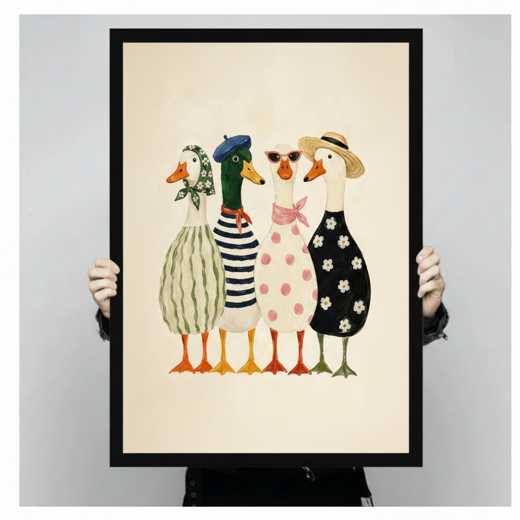 Four anthropomorphic ducks in matching French fashion ensembles with blue beret, straw boater hat, red sunglasses, pink scarf, and patterned dresses in stripes, polka dots, and daisies colorful illustration framed wall art print held up for size reference against a light gray neutral background