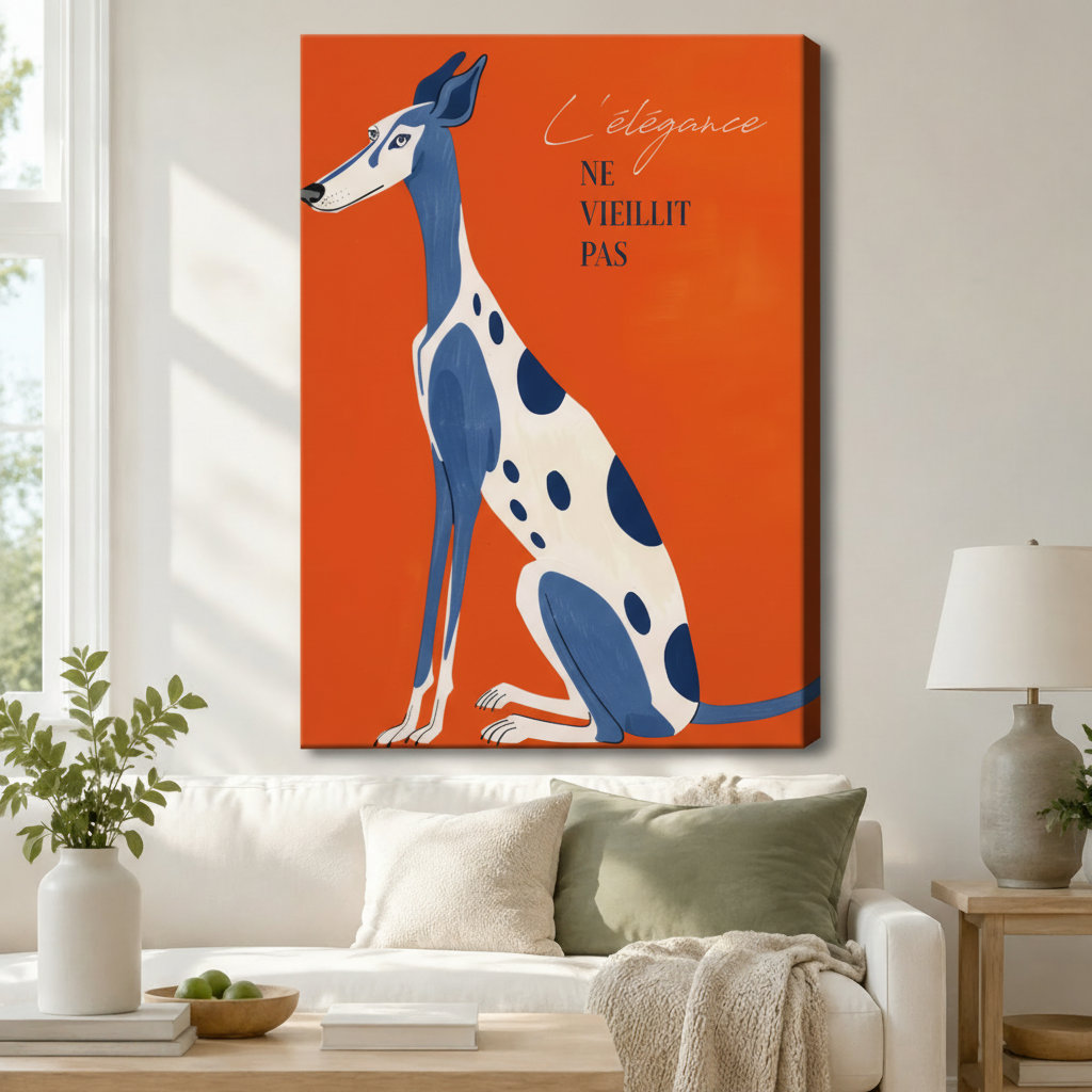 Stretched canvas wall art of a chic retro French poster featuring a slender blue and white polka-dot greyhound seated gracefully with the French quote L'élégance ne vieillit pas in script and serif type on a bold orange-red background, hung above a white sofa with sage green and cream pillows and a ceramic table lamp in a bright airy living room