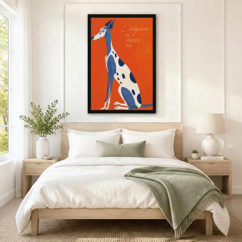Black framed retro French poster greyhound canvas art with a slender blue and white spotted greyhound sitting upright beside the script quote L'élégance ne vieillit pas on a bold orange-red background, hung above a wooden bed frame in a sun-drenched Scandinavian bedroom with crisp white linen bedding, a sage green throw, matching round nightstand lamps, and a white ceramic vase of greenery