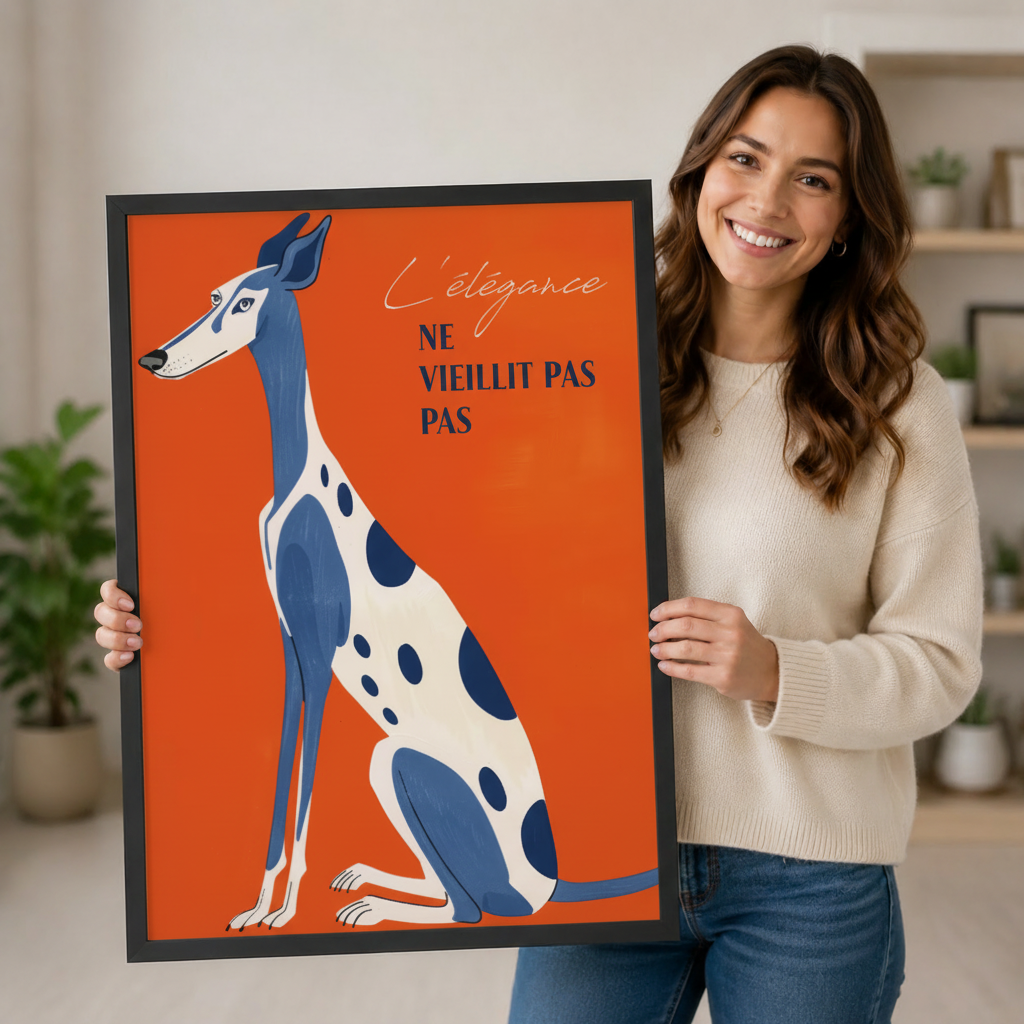 Smiling woman holding a large vertical black framed retro French greyhound canvas art print showing an elegant blue and white polka-dot greyhound seated upright with the French script quote L'élégance ne vieillit pas on a vivid orange-red background in a bright plant-filled room