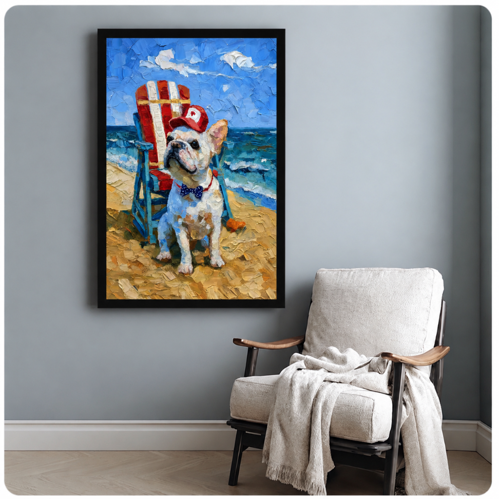 Framed art print of a white Frenchie dog wearing a red cap and dotted bow tie on a golden sandy beach with a red-striped chair and blue ocean backdrop, styled beside a white armchair
