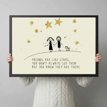 Hand-held product shot of a black-framed friendship quote art print showing two stick figure girls and a dog under golden stars with the quote "Friends Are Like Stars, You Don't Always See Them But You Know They Are There"