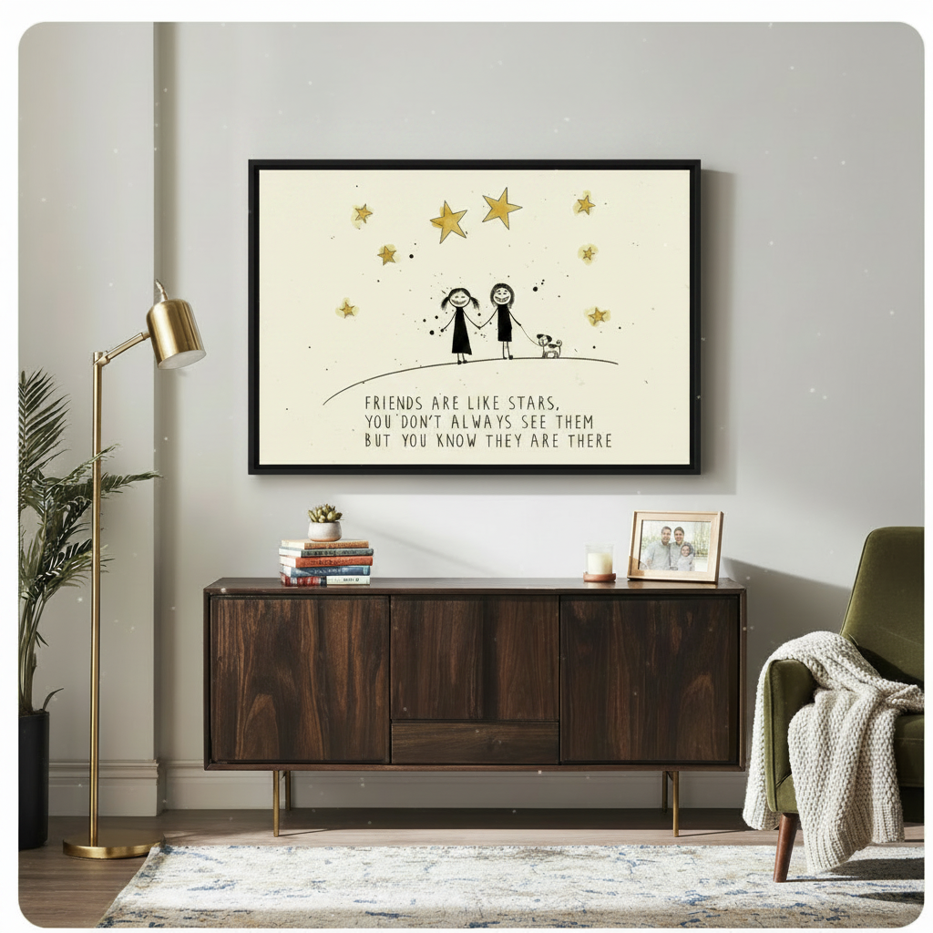 Framed minimalist friendship quote wall art of two stick figure girls holding hands with a dog and gold stars on a cream background, displayed above a dark walnut sideboard in a mid-century modern living room