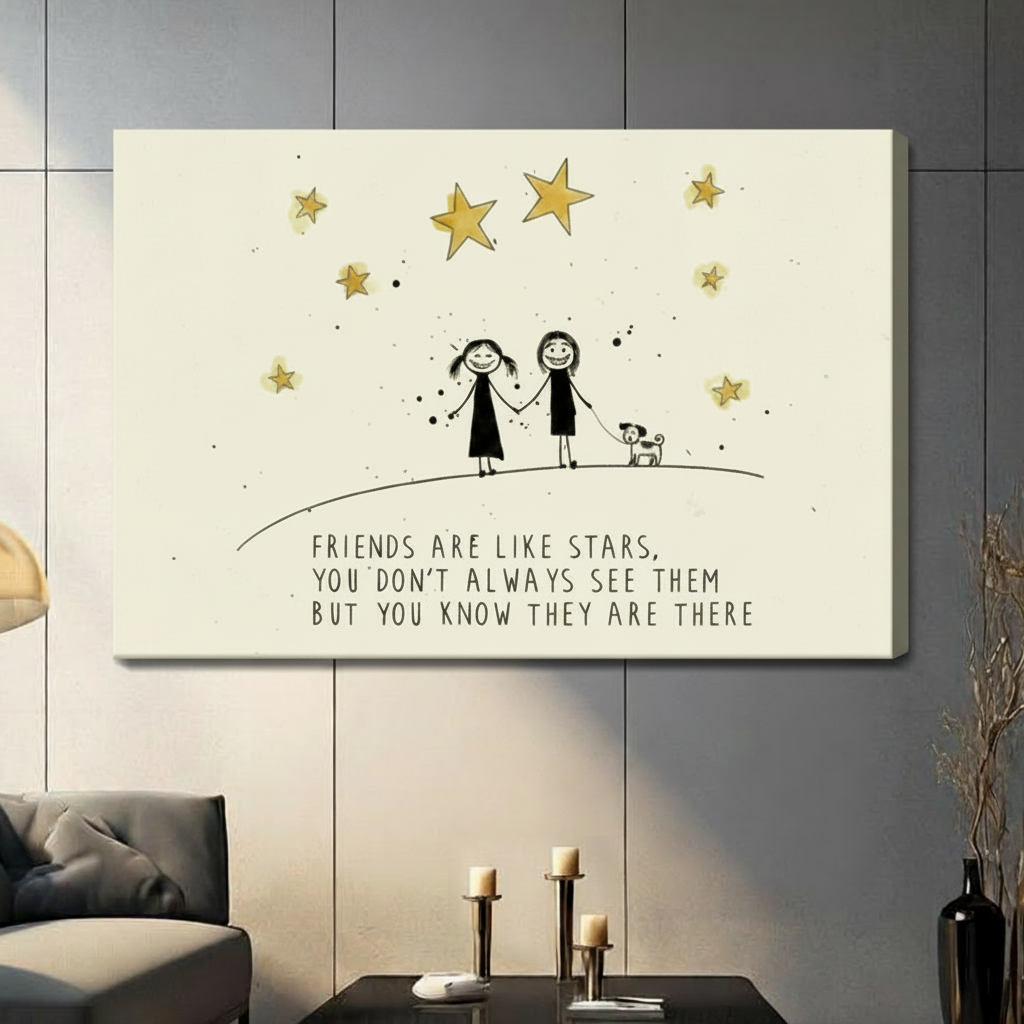 Gallery wrap canvas of two whimsical stick figure girls holding hands with a dog beside them under scattered gold stars, friendship quote art on a cream background, hung on a dark gray living room wall