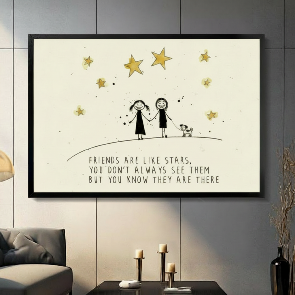 Framed friendship quote wall art print with two smiling stick figure girls holding hands with a small dog under golden stars, text reads "Friends Are Like Stars", displayed above a console table on a dark gray living room wall