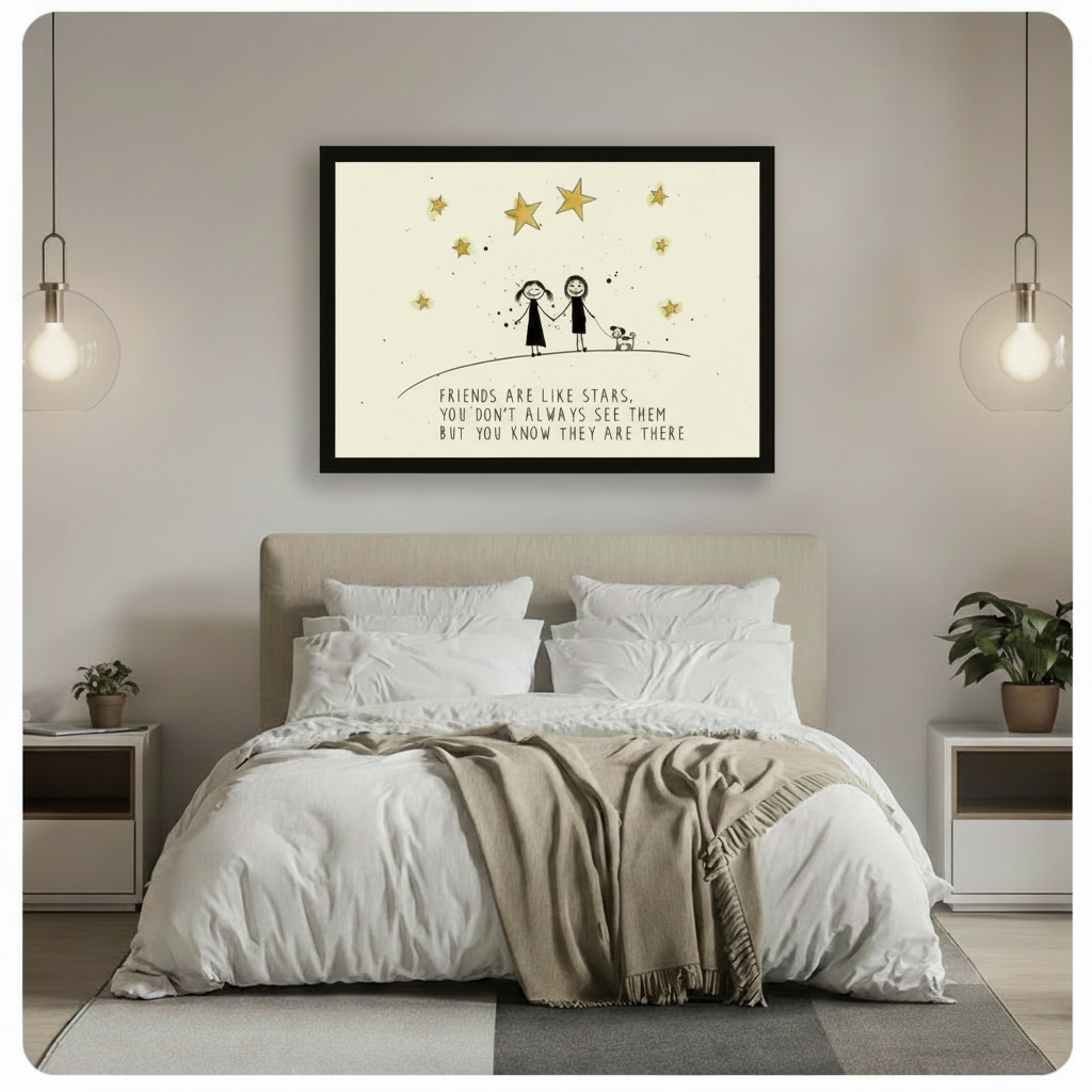Black-framed friendship quote canvas print of two smiling stick figure girls with a dog under gold stars, hung as a warm statement wall art piece above a bed in a cozy neutral-toned modern bedroom