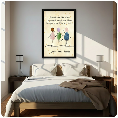 Black framed personalized friendship pebble stone figures friends are like stars quote canvas custom name wall art above dark wood bed