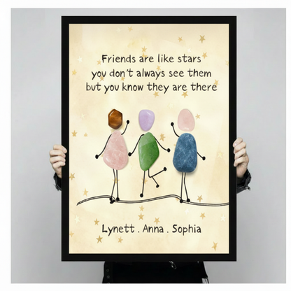 Hands holding black framed personalized friendship stone figures quote canvas custom name best friend gift wall art size display