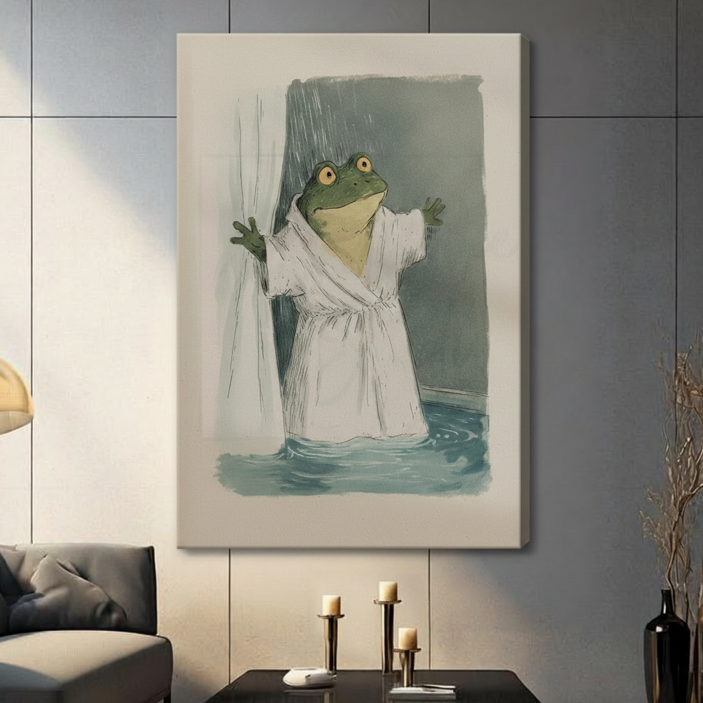 Gallery wrap canvas of frog wearing bathrobe in shower, funny animal wall art for bathroom or living room decor