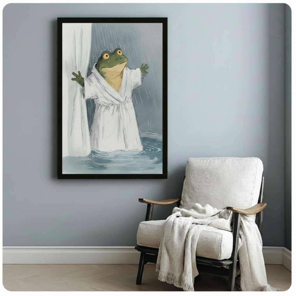 Black framed frog bathrobe wall art hung on blue-gray wall beside armchair, quirky animal print for home decor