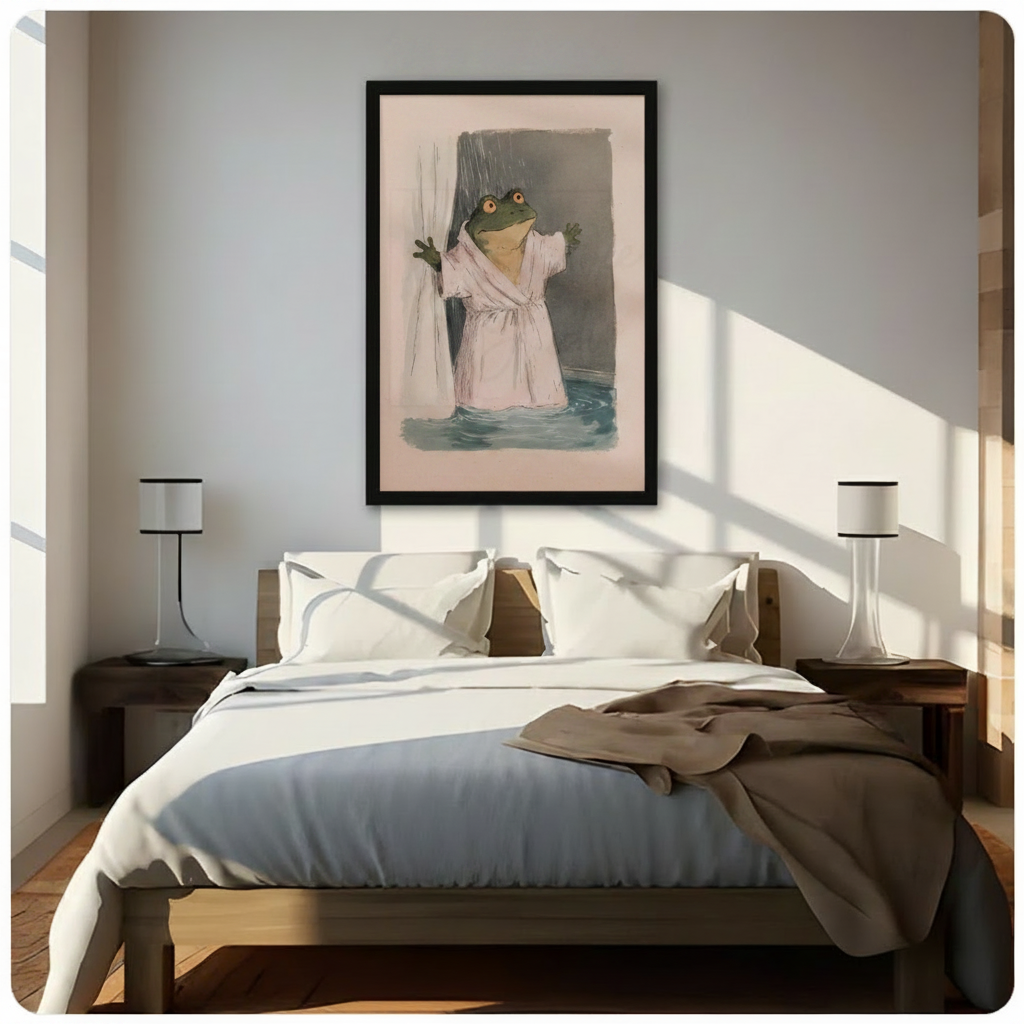 Framed frog in white robe shower art print above bed in minimalist bedroom, funny whimsical wall decor