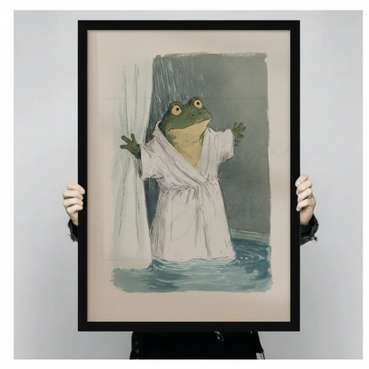 Close-up of black framed frog in bathrobe art print held by hands, showing detailed watercolor-style illustration