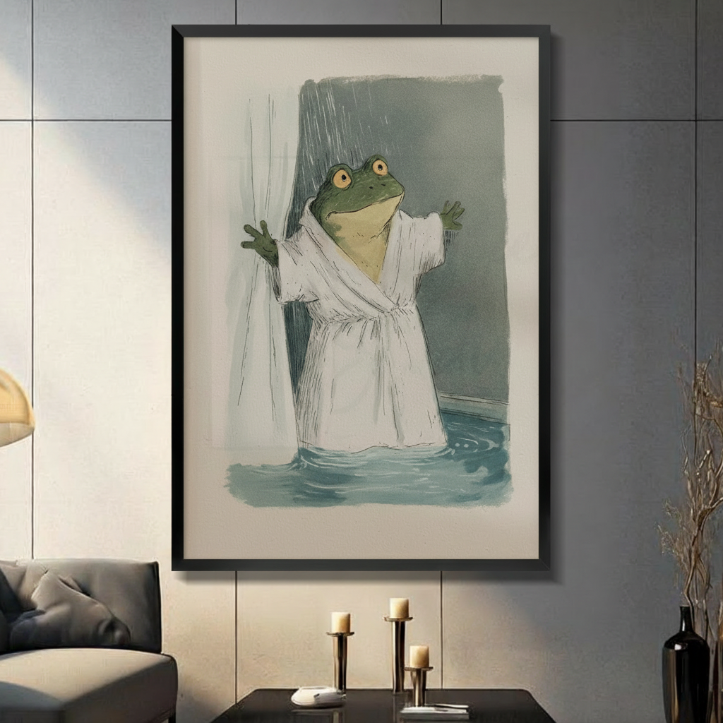 Framed frog in white bathrobe wall art print displayed in modern living room, whimsical bathroom humor illustration