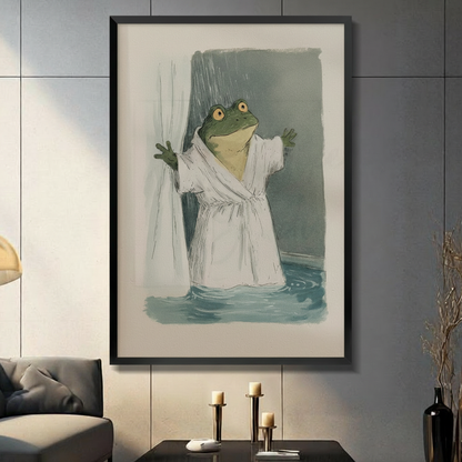Framed frog in white bathrobe wall art print displayed in modern living room, whimsical bathroom humor illustration
