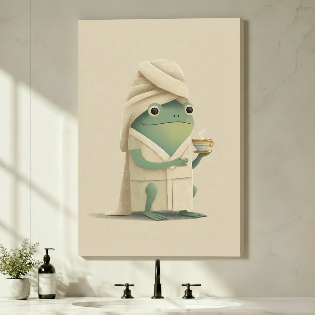 Whimsical frog in white bathrobe with towel on head – canvas wrap wall art in bathroom setting
