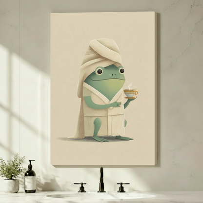 Whimsical frog in white bathrobe with towel on head – canvas wrap wall art in bathroom setting