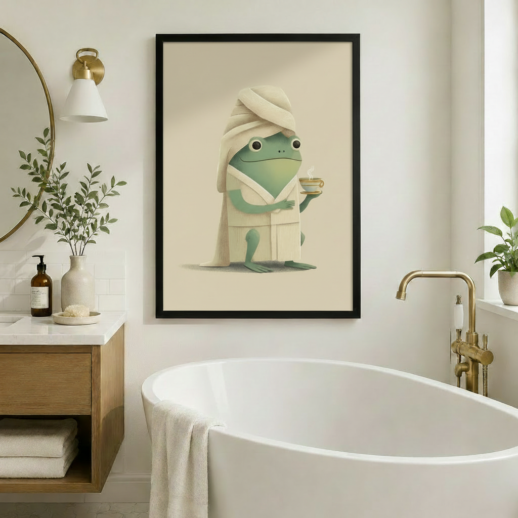 Frog in white robe holding teacup – framed art print above freestanding bathtub in modern bathroom