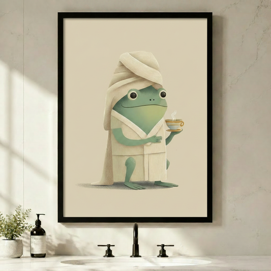 Cute frog in bathrobe holding tea cup – framed wall art print above bathroom sink