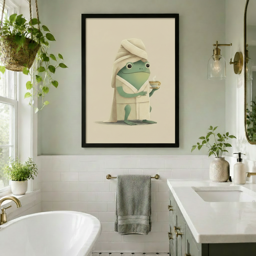 Spa frog with towel turban and tea – black framed wall art in botanical green bathroom