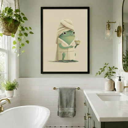 Spa frog with towel turban and tea – black framed wall art in botanical green bathroom