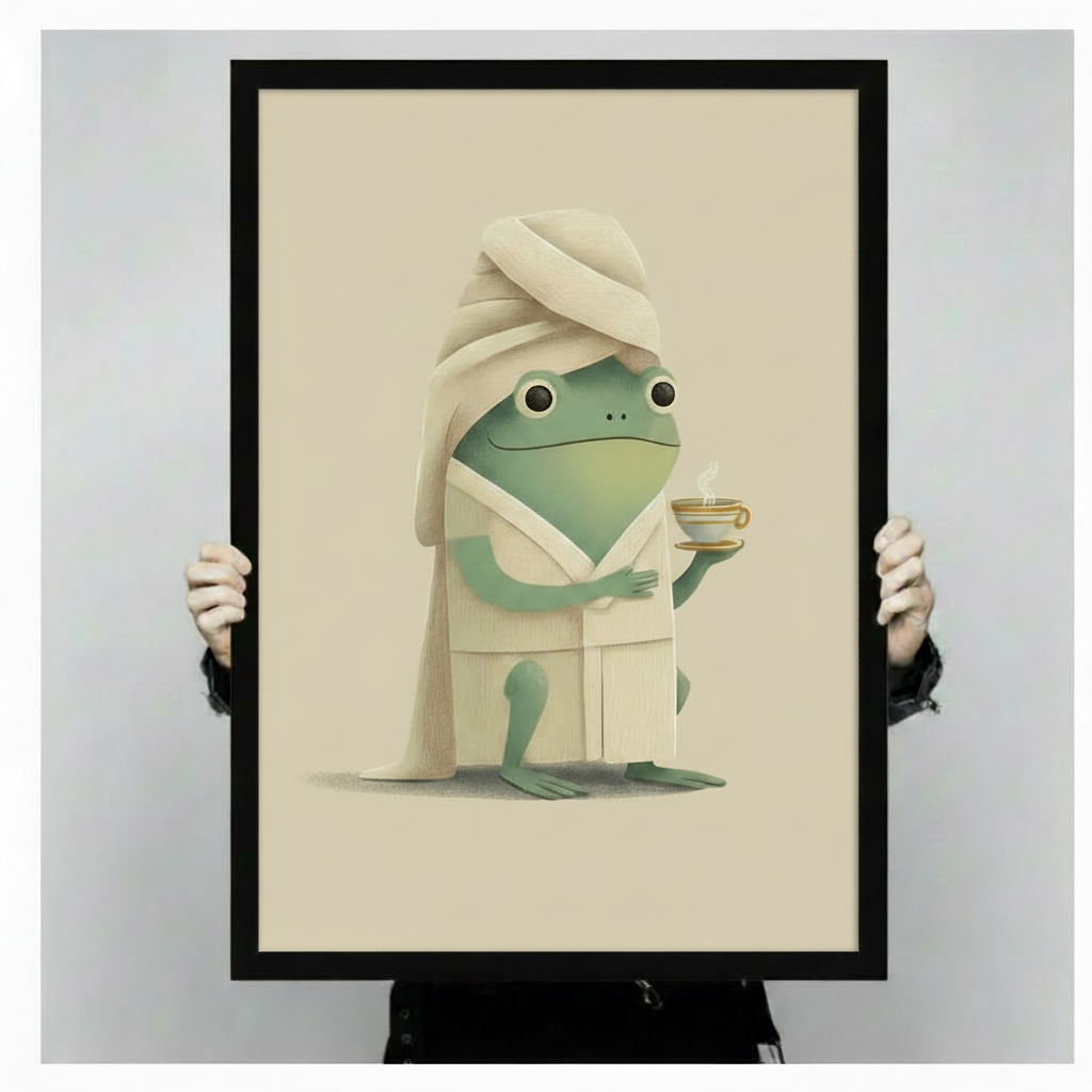 Person holding framed frog in bathrobe wall art print – spa-inspired whimsical poster