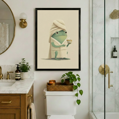 Framed frog in spa bathrobe art print displayed in luxury bathroom with gold fixtures