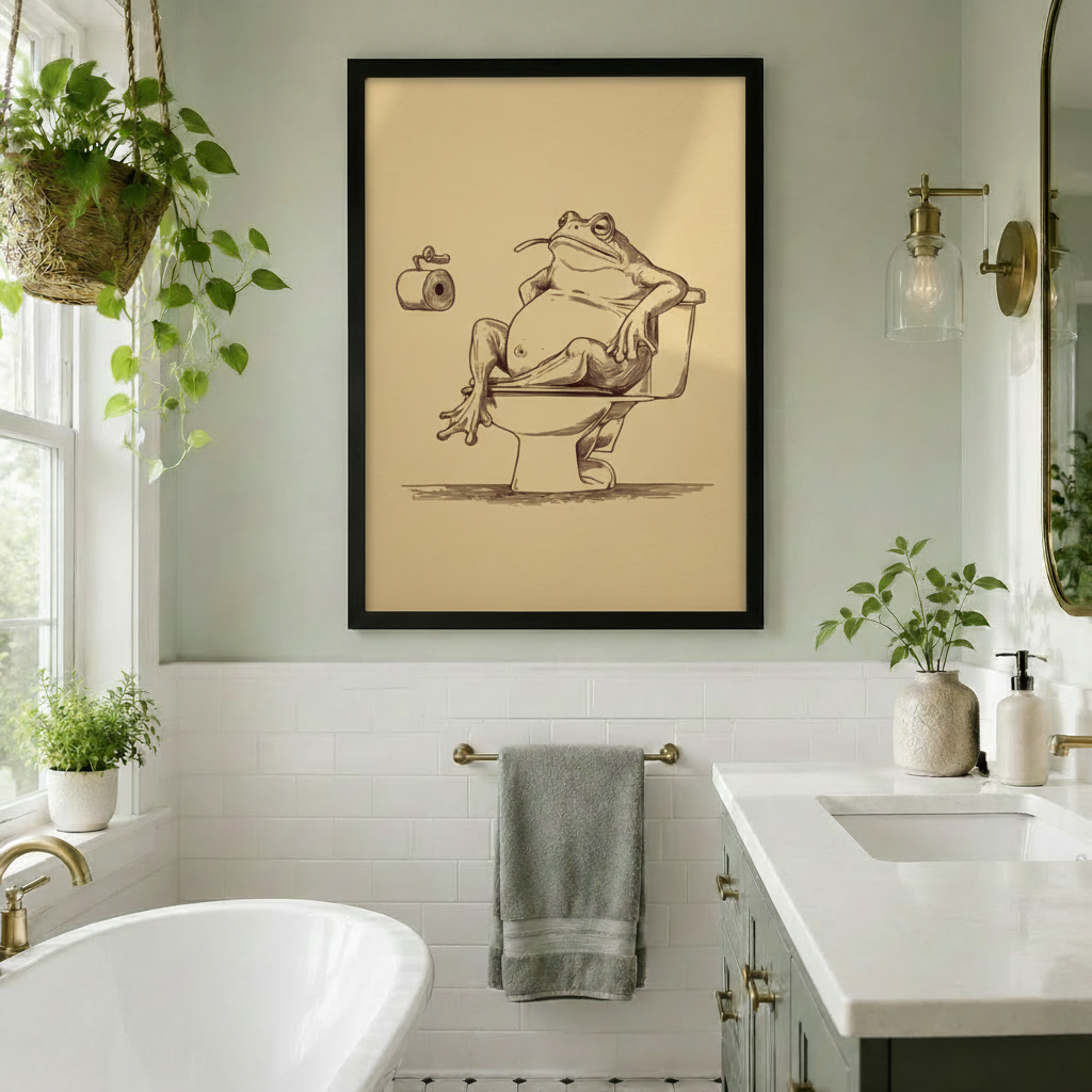 Framed funny frog on toilet sketch canvas hung in a bright green botanical bathroom with hanging plants and gold fixtures, adding playful character to a fresh modern space