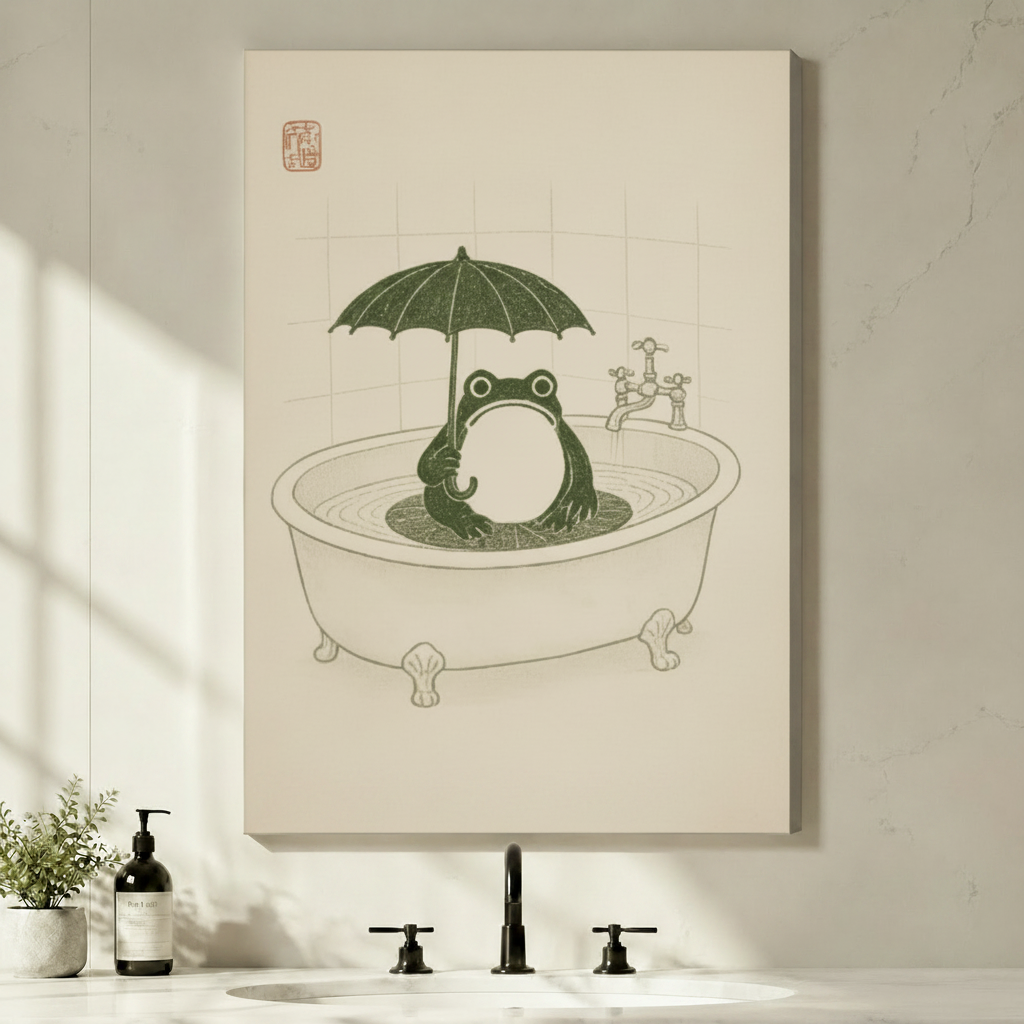 Gallery wrap canvas Japanese woodblock frog in clawfoot tub holding umbrella vintage red seal stamp illustration funny bathroom wall art