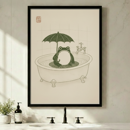 Black framed Japanese woodblock style frog sitting in a clawfoot bathtub holding a dark green umbrella vintage illustration canvas wall art above a bathroom sink