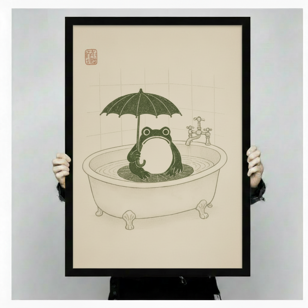 Black framed cute frog in clawfoot bathtub holding dark green umbrella Japanese woodblock style vintage illustration canvas art in a green bathroom with gold accents