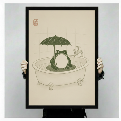 Black framed cute frog in clawfoot bathtub holding dark green umbrella Japanese woodblock style vintage illustration canvas art in a green bathroom with gold accents