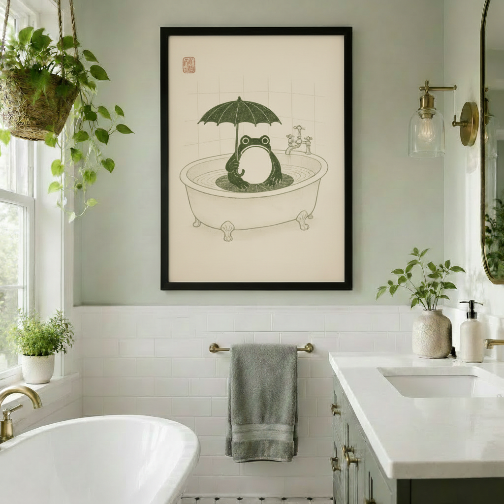 Hands holding black framed Japanese woodblock frog in bathtub umbrella vintage illustration funny bathroom canvas art size display