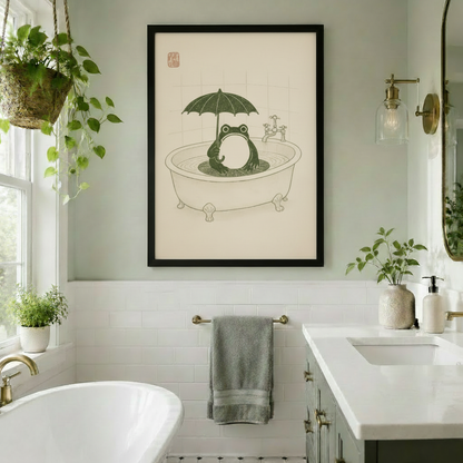 Hands holding black framed Japanese woodblock frog in bathtub umbrella vintage illustration funny bathroom canvas art size display