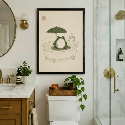 Black framed Japanese style frog in bathtub with umbrella vintage woodblock illustration canvas print funny bathroom wall art above toilet with gold fixtures