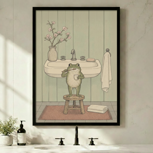 Black framed cottagecore frog brushing teeth canvas wall art with sage green shiplap background displayed above a bathroom counter with black faucets, green plants and soap dispenser