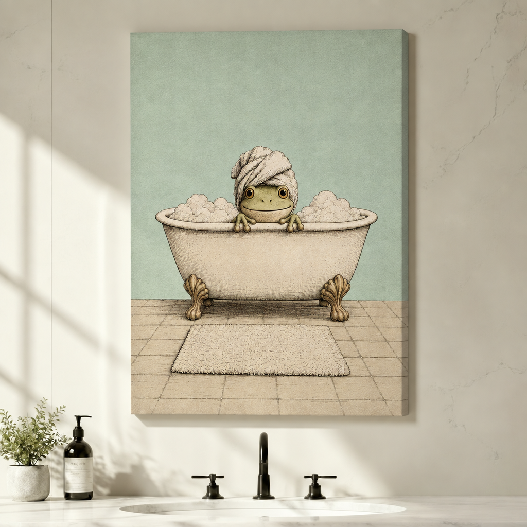 Illustration of a smiling frog soaking in a cream clawfoot bathtub full of bubbles wearing a twisted towel turban on its head with a bath mat on tiled floor funny bathroom wall art stretched canvas above bathroom sink white wall