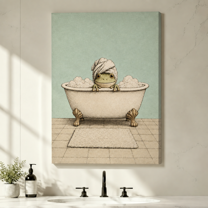 Illustration of a smiling frog soaking in a cream clawfoot bathtub full of bubbles wearing a twisted towel turban on its head with a bath mat on tiled floor funny bathroom wall art stretched canvas above bathroom sink white wall