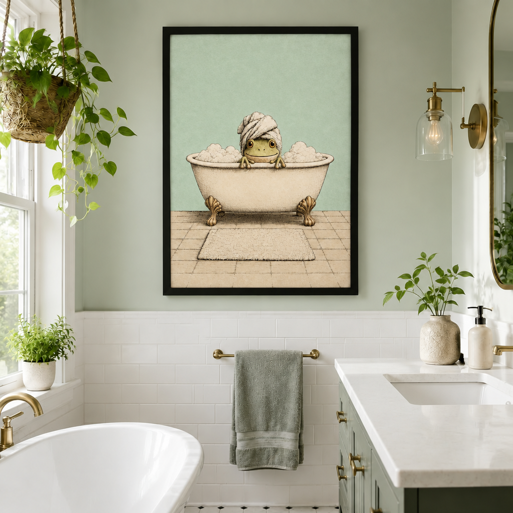 Illustration of a smiling frog soaking in a cream clawfoot bathtub full of bubbles wearing a twisted towel turban on its head with a bath mat on tiled floor funny bathroom wall art framed print sage green bathroom white subway tile gold fixtures