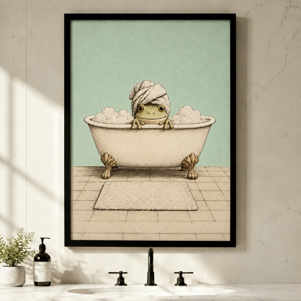 Illustration of a smiling frog soaking in a cream clawfoot bathtub full of bubbles wearing a twisted towel turban on its head with a bath mat on tiled floor funny bathroom wall art framed print above bathroom sink white wall