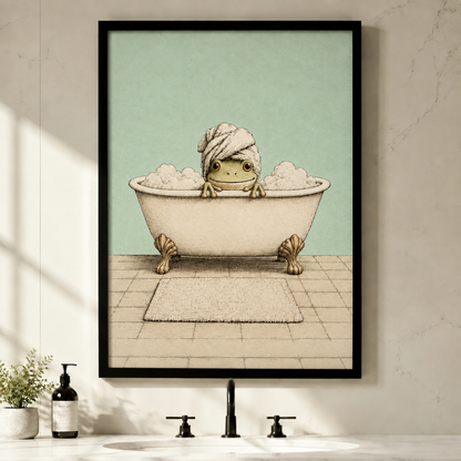 Illustration of a smiling frog soaking in a cream clawfoot bathtub full of bubbles wearing a twisted towel turban on its head with a bath mat on tiled floor funny bathroom wall art framed print above bathroom sink white wall