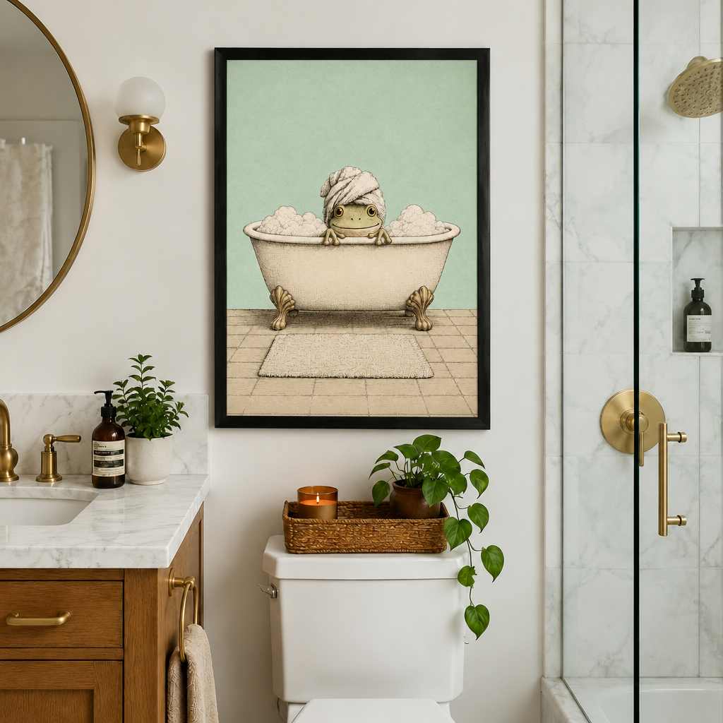 Illustration of a smiling frog soaking in a cream clawfoot bathtub full of bubbles wearing a twisted towel turban on its head with a bath mat on tiled floor funny bathroom wall art framed print above toilet marble bathroom gold fixtures