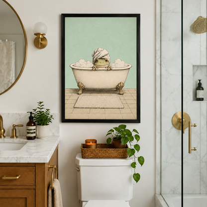 Illustration of a smiling frog soaking in a cream clawfoot bathtub full of bubbles wearing a twisted towel turban on its head with a bath mat on tiled floor funny bathroom wall art framed print above toilet marble bathroom gold fixtures