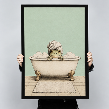 Illustration of a smiling frog soaking in a cream clawfoot bathtub full of bubbles wearing a twisted towel turban on its head with a bath mat on tiled floor funny bathroom wall art framed print held up