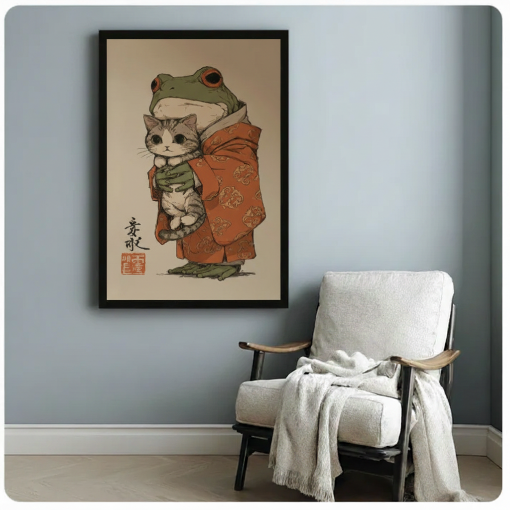 Whimsical frog cat Japanese folk art canvas print beside white armchair — eclectic home decor